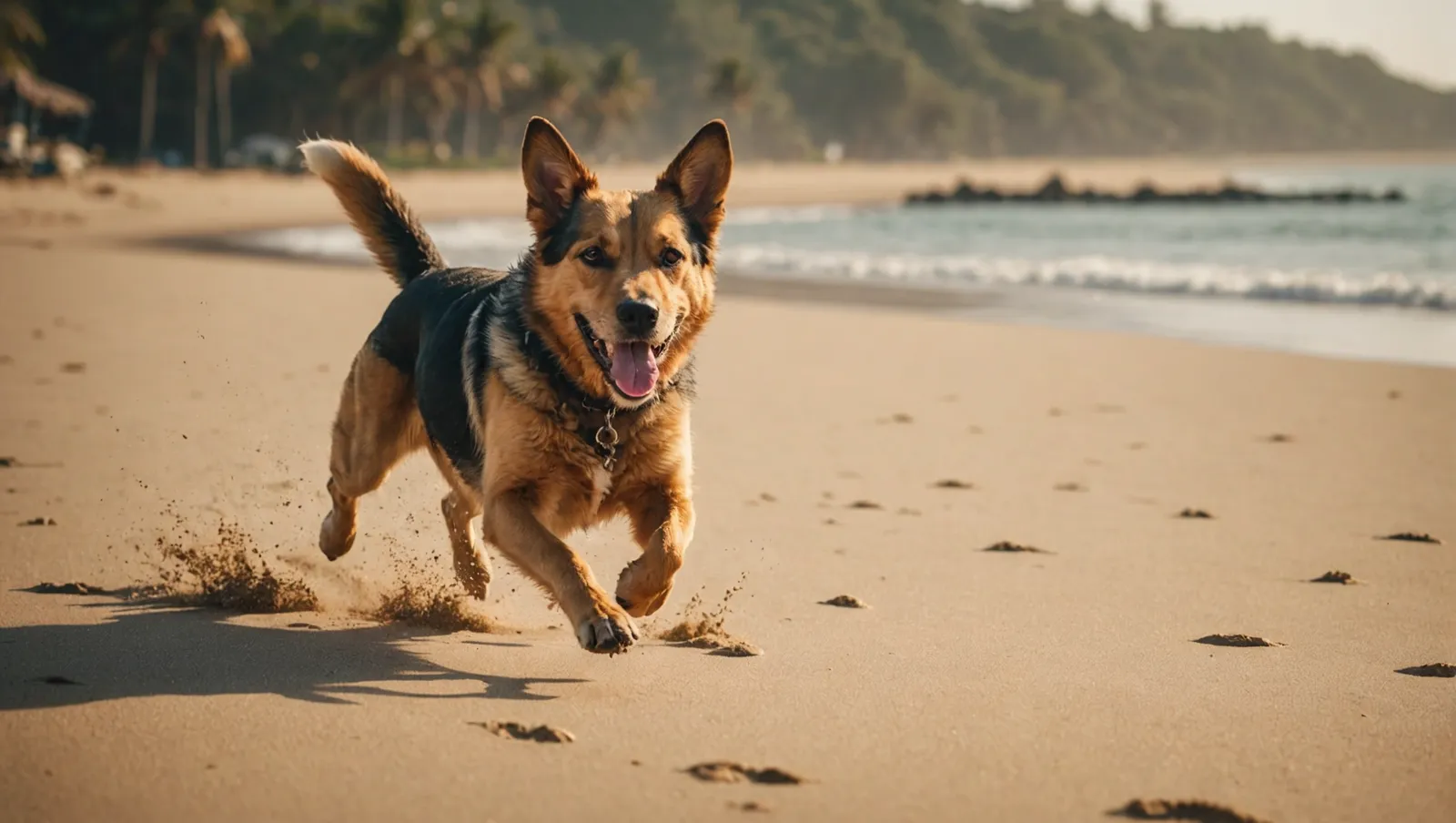 Dog running along a sandy beach